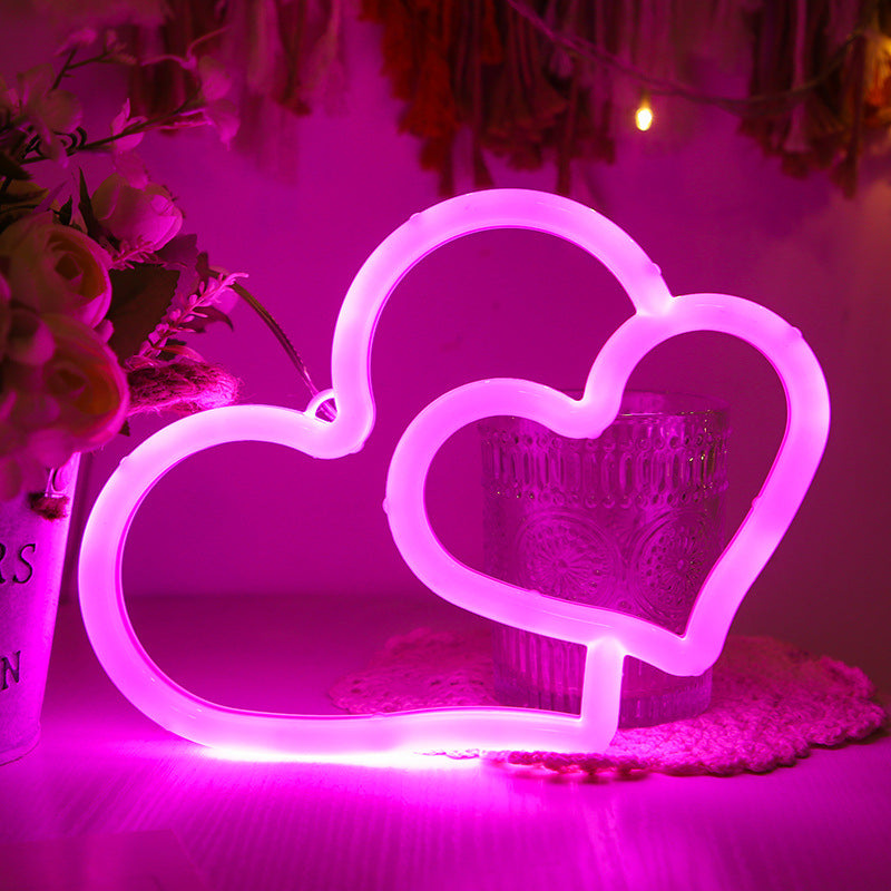 LED Neon USB Battery Powered Double Love Bedroom Decor Hanging Home Festive